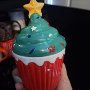 Festive Cupcake Ceramic Jar - Green & Red Holiday Tree Top
